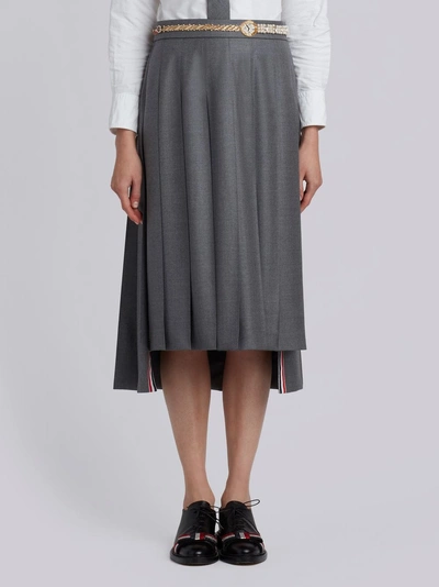 Thom Browne Below Knee Dropped Back Pleated Skirt With Belt Applique In Super 120's Twill In Grey