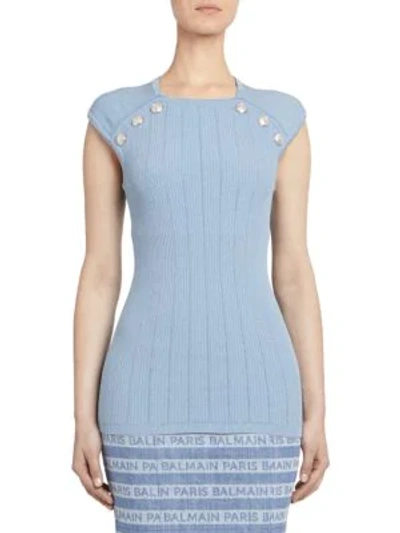 Balmain Ribbed Cap-sleeve Knit Top In Blue Jean