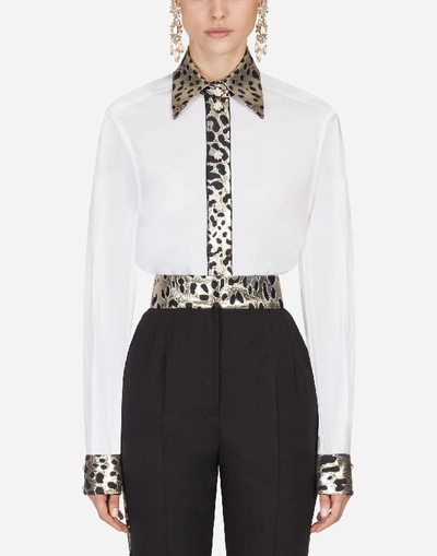 Dolce & Gabbana Leopard Print Trimmed Button-front Shirt In White
