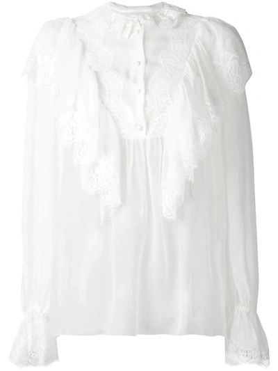 Dolce & Gabbana Ruffled Silk Chiffon & Lace Shirt, White