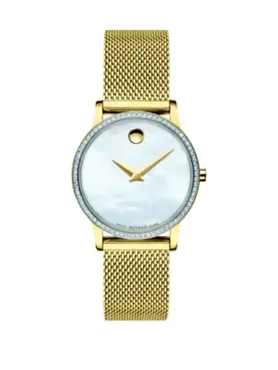 Movado Yellow Goldplated, Pavé Diamond Stainless Steel & Mother-of-pearl Mesh Strap Watch In Gold Pearl