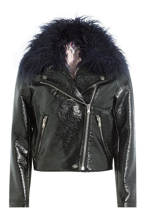 Shrimps Patent Jacket With Faux Fur Collar In Black | ModeSens