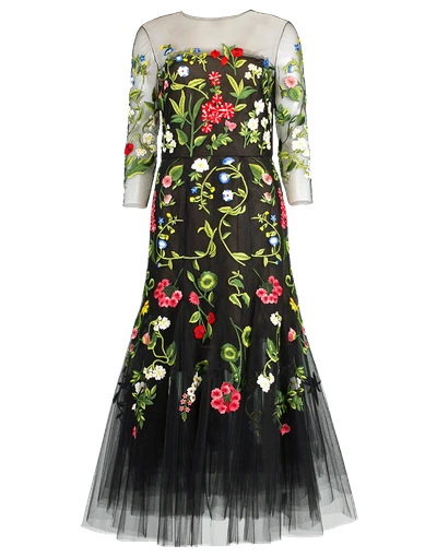 Oscar De La Renta Flower Embroidered Tulle Cocktail Dress In Black