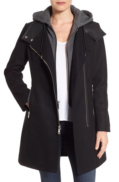 Andrew Marc Marc By Hooded Bib Front Boiled Wool Jacket In Black | ModeSens