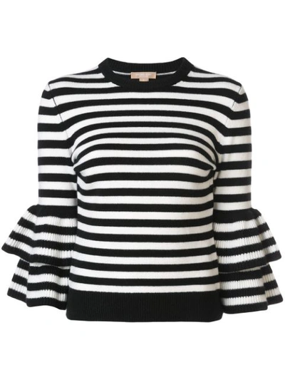 Michael Kors Ruffled Striped Cashmere-blend Sweater In Black