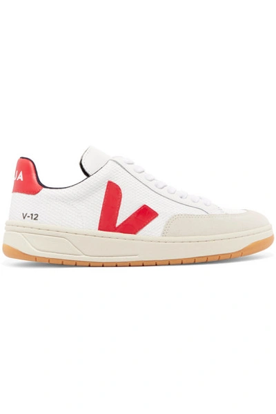 Veja V-12 Leather-trimmed Mesh And Nubuck Sneakers In White