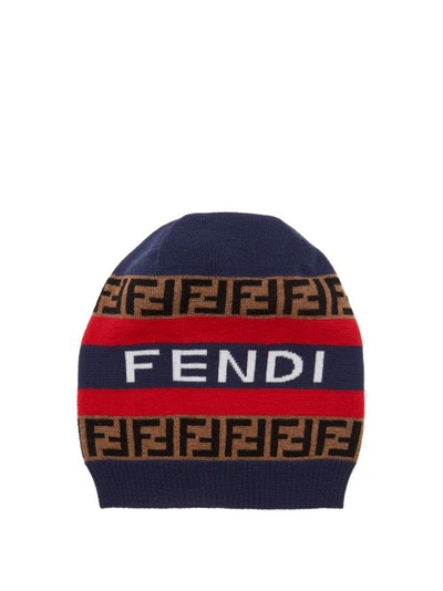 Fendi Ff Logo Wool Soccer Beanie In Red/ Navy