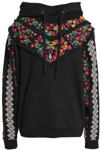 Needle & Thread Cross Stitch Flower Embroidered French Cotton-blend Terry Hoodie In Black