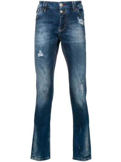 Philipp Plein Ripped Stonewashed Skinny Jeans In Blue