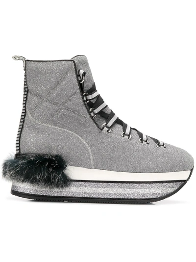 Hogan Maxi H222 Rabbit Fur Ankle Boots In Silver