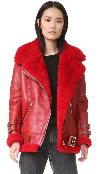 Acne Studios Velocite Shearling-lined Leather Jacket In Red | ModeSens