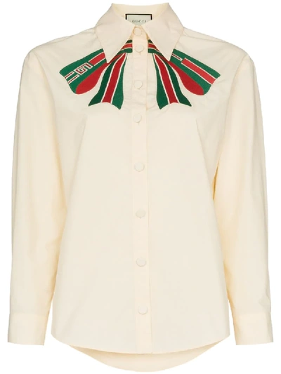 Gucci Web Bow Embroidered Cotton Blouse - Neutrals In White