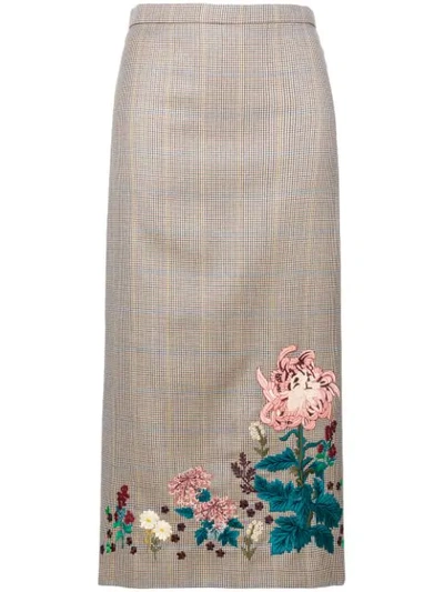 Erdem Embroidered Check Skirt In Neutrals