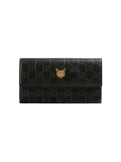 Gucci Signature Continental Wallet With Cat - Black