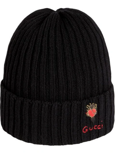 Gucci Heart Dagger Wool Beanie - Black In 1000 Nero