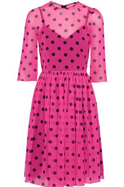 Dolce & Gabbana Woman Pleated Polka-dot Silk-blend Chiffon Dress Bright Pink