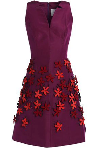 Carolina Herrera Floral-appliquéd Silk-faille Mini Dress In Plum