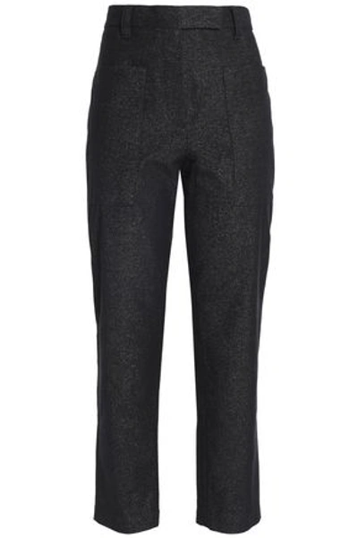 Brunello Cucinelli Woman Cropped Glittered Cotton-blend Tapered Pants Charcoal