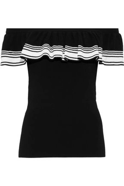 Autumn Cashmere Woman Off-the-shoulder Ruffled Striped Knitted Top Black