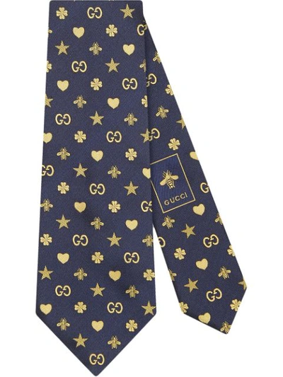 Gucci Symbols Motif Silk Tie In Navy/beige Silk