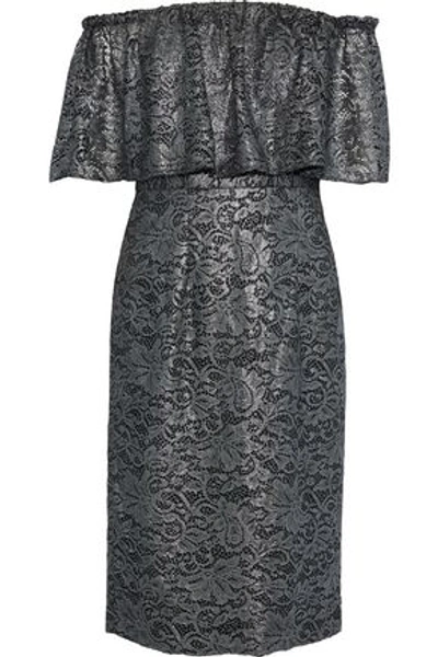 Mikael Aghal Off-the-shoulder Metallic Guipure Lace Dress In Gunmetal