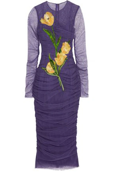 Dolce & Gabbana Floral-appliquéd Ruched Tulle Midi Dress In Purple