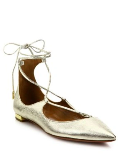 Aquazzura Christy Metallic Leather Lace Up Flats In Light Gold Modesens