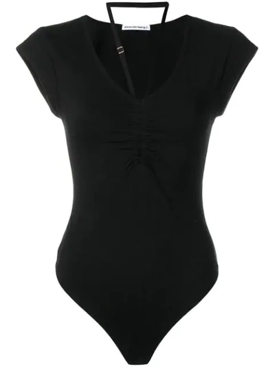 Alexander Wang T Strap-detailed Ruched Stretch-cotton Jersey Thong Bodysuit In Black