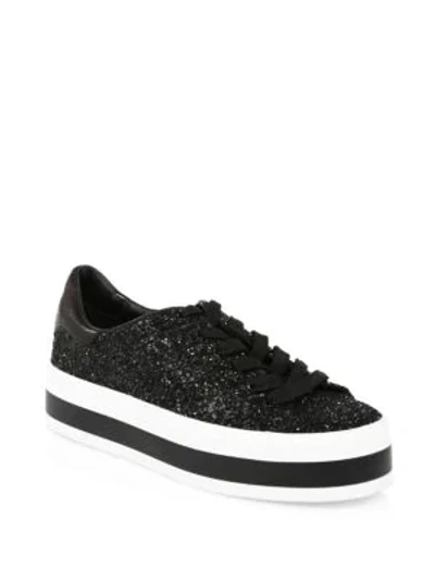 Alice And Olivia Ezra Glitter Leather Platform Sneakers In Black