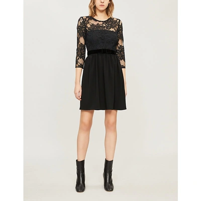 Claudie Pierlot Velvet-trimmed Floral-lace And Crepe Mini Dress In Black