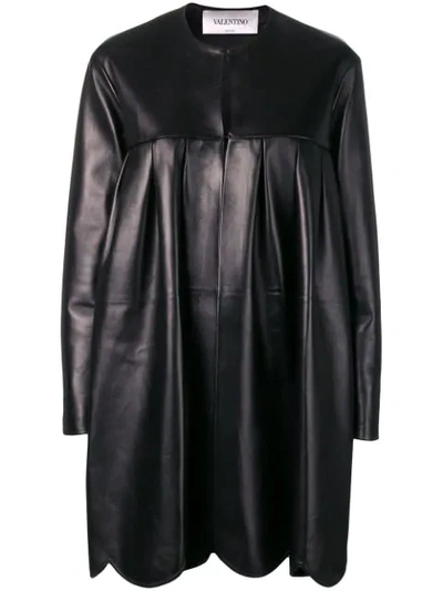 Valentino Scalloped Leather Coat In Black