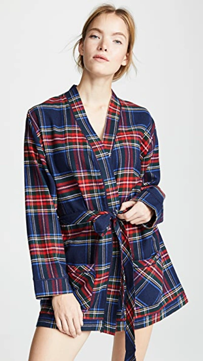 Plush Ultra Soft Flannel Robe In Navy/red Plaid