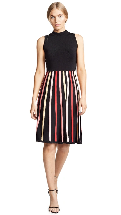Shoshanna Kendall Sleeveless Crewneck Dress W/ Striped Skirt In Magenta/jet/ivory Multi