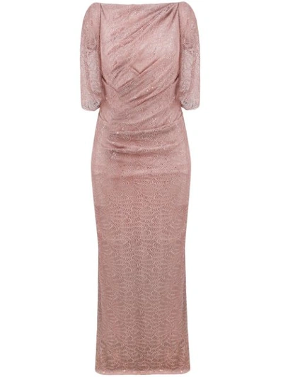 Talbot Runhof Draped Sheer-sleeve Metallic Lace Gown In Pink