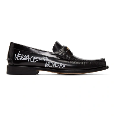 Versace Leather Loafers W/ Graffiti Printed Logo In Black