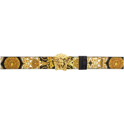 Versace Gold Hibiscus Print Palazzo Leather Belt With Medusa Buckle In Multi