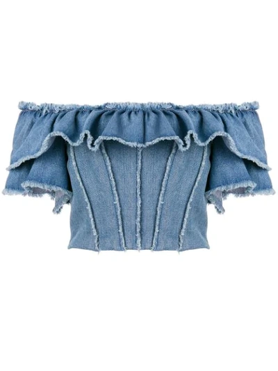 Dolce & Gabbana Ruffled Cotton Denim Crop Top In Blue