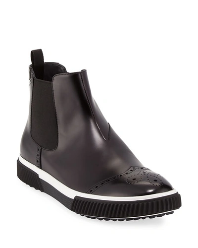 Prada Slip-on Leather Brogue Chelsea Boot, Black, Black