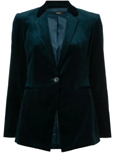 Theory Single Breasted Velvet Blazer In Deep Teal