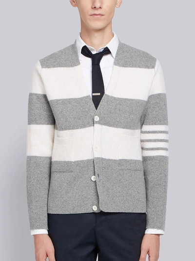 Thom Browne Rugby Stripe Wool V-neck Cardigan In Grey