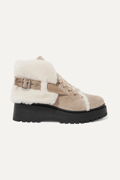 Miu Miu Shearling-lined Suede Ankle Boots In Sand