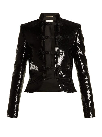 Saint Laurent Stand-collar Frog-closure Short Boxy Sequin Jacket In Black