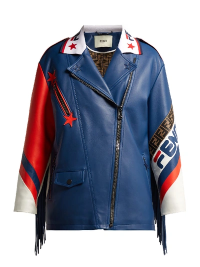 Fendi Mania Logo-trimmed Leather Biker Jacket In Blue