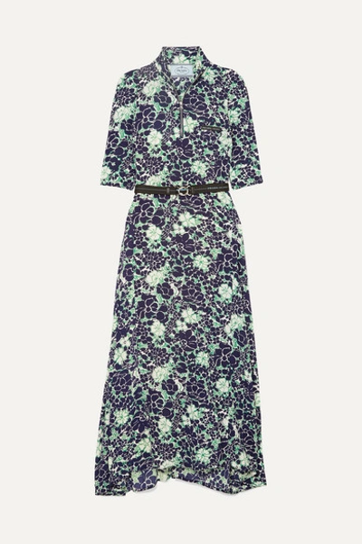 Prada Asymmetric Floral-print Stretch-silk Midi Dress In Navy Green