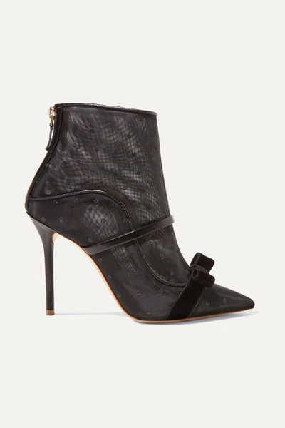 Malone Souliers By Roy Luwolt Claudia 100 Velvet And Leather-trimmed Point D'esprit Mesh Ankle Boots In Black