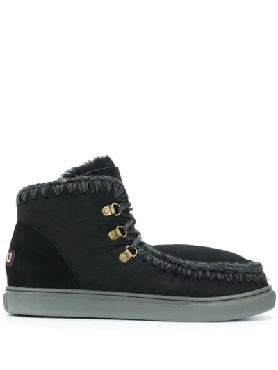 Mou Black Leather Laced Up Boots