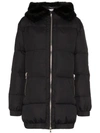 Moschino Faux Fur Trimmed Logo Print Puffer Jacket In Black