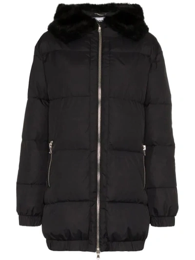 Moschino Faux Fur Trimmed Logo Print Puffer Jacket In Black