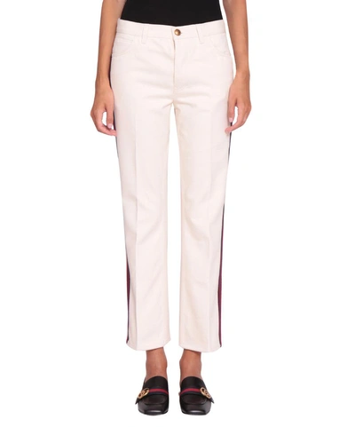 Gucci Web Flare Denim Cotton Trousers In Bianco