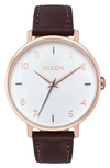 Nixon The Arrow Leather Strap Watch, 38mm In Brown/ White/ Rose Gold